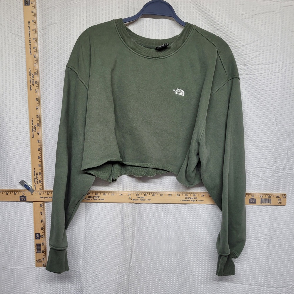 The North Face Womens Cropped Crewneck Sweatshirt Olive Green Logo Size M